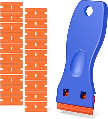 Plastic Razor Blade Scraper, Scraper Tool with 20 PCS Plastic Razor Blades for Removing Labels Adhesive Decals Sticker from Windows Glass (Blue) in Kuwait