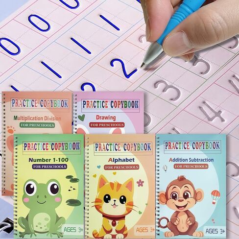 Magic Grooved Practice Copybook 5 Pack with Pens, Groove Reusable Magical Handwriting Workbooks, Tracing Letters Numbers, Math, Kindergarten Sight Words for Kids Ages 3-8 for Preschool(5books+Pens） in Saudi Arabia
