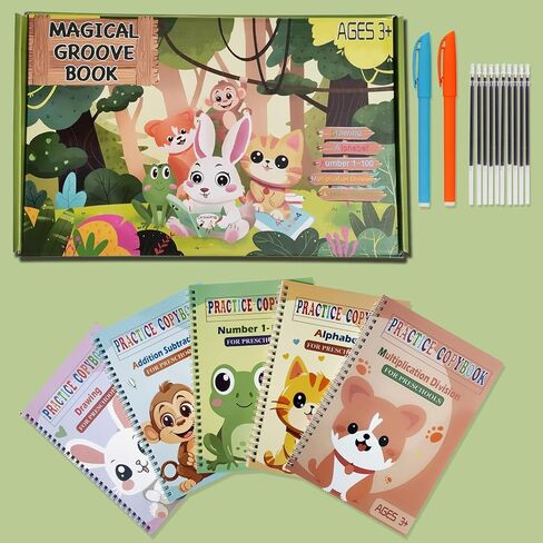 Magic Grooved Practice Copybook 5 Pack with Pens, Groove Reusable Magical Handwriting Workbooks, Tracing Letters Numbers, Math, Kindergarten Sight Words for Kids Ages 3-8 for Preschool(5books+Pens） in Saudi Arabia