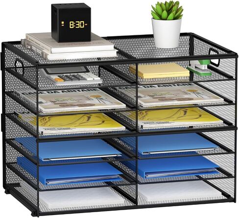 Lavatino 14 Compartments Paper Organizer for Desk, Mesh Literature Organizer, Mail File Sorter Tray with Handle, Desktop Mailbox for Office Classroom Home, Black in Kuwait