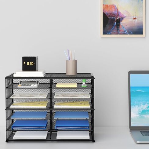 Lavatino 14 Compartments Paper Organizer for Desk, Mesh Literature Organizer, Mail File Sorter Tray with Handle, Desktop Mailbox for Office Classroom Home, Black in Kuwait
