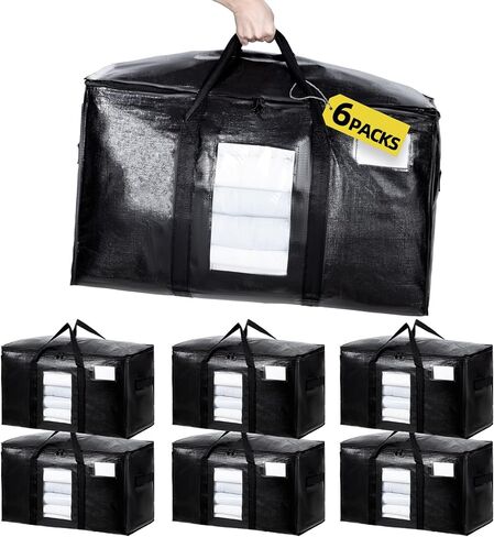 Extra Large Moving Bags 6 Packs, Heavy Duty Storage Bags with Zipper & Wrap Handles, Collapsible Storage Totes with Tag Pocket for Home & Dorm, Black in Saudi Arabia