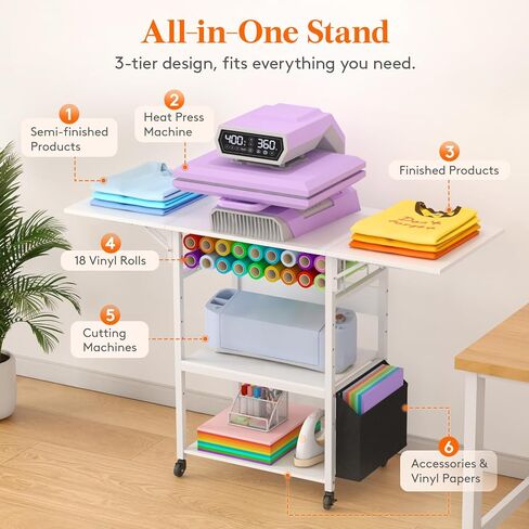 Lifewit 3 Tier طاولة ضغط حراري قابلة للطي، حامل آلة نقل الحرارة المنقولة مع حامل لفافة الفينيل، منضدة عمل معدنية دوارة شديدة التحمل لآلة طابعة القمصان وطابعة التسامي in Kuwait
