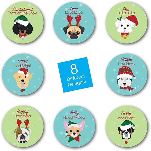 Christmas Dogs Stickers / 500 Adorable Puppy Happy Holidays Labels / 1.5" Pet Parent Envelope Seals / 8 Winter Holiday Dog Designs/Made in The USA in Saudi Arabia