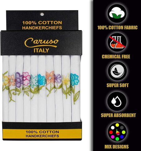 Caruso Italy Women's 100% Pure Cotton Hankerchief | Lady's handkerchief, Soft Hanky | - Pack of 10 in Saudi Arabia