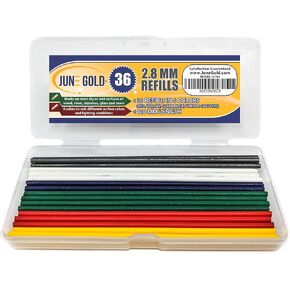 June Gold 36 Colored 2.8 mm Lead Refills, 6 Colors, Deep or Long Reach Nose & Nib Pencil Refills