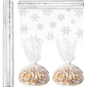 Gueevin Christmas Cellophane Wrap Roll Snowflake Winter Cellophane Wrap Roll Clear Plastic 100 ft x 16 in 2.5 Mil White Snowflakes Gift Wrap Cellophane for Holiday Treat Bags and Crafts Supplies