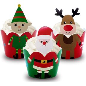 24 Pack Santa Deer Snowman Cupcake Toppers and Wrappers for Christmas Party Supplies(packingmaster)
