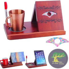 Wooden Triangle Book Rest with Cup Holder, Book Nook Reading Valet, Christmas Gifts for Book Lovers Women, Foldable No Assembly Required, Kindle Holder,Free Page Holder& Silicone Cup Mat (Wooden)
