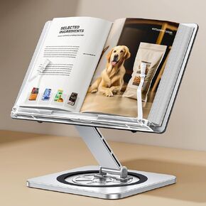 Book Stand for Reading, Book Holder with 360° Swivel Base & Elastic Page Clips, Adjustable Cookbook Stand for Kitchen Counter, Recipe/Textbook/Music Scores Stand for Desk