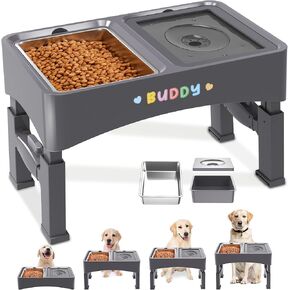 Decflow 3-in-1 Elevated Dog Bowls, 4 Height Adjustable Raised Dog Bowls with Stainless Steel Dog Food Bowls, Slow Feeder, No Spill Water Bowl, DIY Stickers Foldable Pet Bowl for Medium Large Dogs