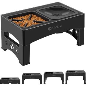 Elevated Slow Feeder Dog Bowls, Adjustable Raised Dog Bowl with No Spill Dog Water Bowl, Non-Slip Dog Food Bowl Stand for Large Medium Small Dogs, 4 Heights 3.7", 8.5", 10.1", 11.7" Black