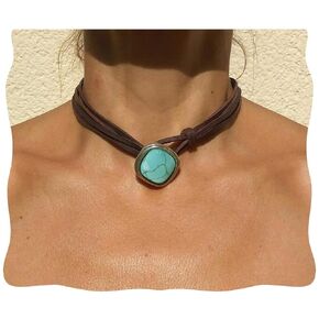 Turquoise Choker Necklace, Minimalist Western Necklace for Women, Handmade Boho Necklace with Brown Cord for Turquoise Jewelry Western