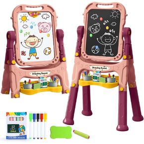 Toddler Art Easel Toys, Magnetic Chalk Board and White Board Easel for Kids with Painting Accessories, Rotatable Double Sided Easel, Birthday Gift for Boys and Girls
