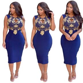 Women midi pencil dress sleeveless elegant formal casual party bussiness corporate professional gala wedding outfit (One size fit from XSmall until Large size, Navy blue)