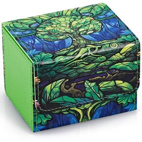 Card Deck Box for MTG, Trading Card Storage Box Holds 120+ Sleeved Commander Deck, PU Leather Card Box Suits TCG Magic Cards with 2 Dividers (Green,Tree)