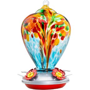 Gifts for Mom 34OZ Hand Blown Glass Hummingbird Feeders for Outdoors Hanging, with Ant Moat Humming Bird Feeders, Porch Backyard Decor Gifts for Women (Floral Balloon)
