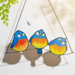 Bluebird Stained Glass Window Hanging: Hewory Birds on Branch Stained Glass Panel Suncatcher for Indoor Windows Hanging, Bird Decor for Garden Home Wall Ornament Gifts for Bird Lover Women Mom Grandma