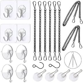 Stained Glass Window Hanging Chain Kit with Suction Cup Hooks, Picture Hanging Chain Sunshine Catcher Metal Nickel Plating Stained Glass Window Panels for a Total of 8 Chains and 14 Hooks
