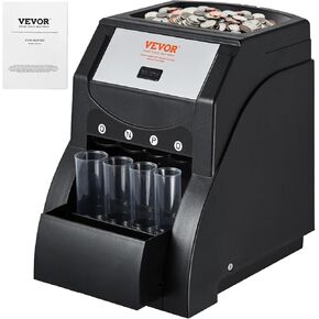 VEVOR Coin Sorter Organizer for USD Coins, Sorts 1¢, 5¢, 10¢, 25¢, 230 Coins/Min, Includes 4 Coin Wrapping Tubes, Capacity of 200 Coins, Black