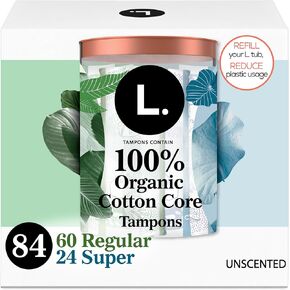 L. Cotton Tampons Regular/Super Absorbency Multipack, Free from Chlorine Bleaching, Pesticides, Fragrances, or Dyes, 84 Count (2 Packs of 42) (Packaging May Vary)