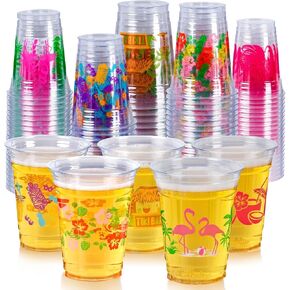 GuassLee 50 Luau Cups for Hawaiian Luau Party Decorations, 12 OZ Tiki Tropical Plastic Disposable Cups for Pool Flamingo Tiki Birthday Party Decor Supplies