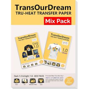 TransOurDream Tru-Heat Transfer Paper for Dark and Light T Shirts (10+10+2 Sheets, 8.5x11, Mix Pack) Printable Heat Transfer Vinyl for Fabrics Iron on Transfers for Inkjet Printer (D1L1)
