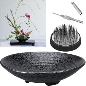 Japanese Ikebana Kit Floral Frog Flower Container with Kenzans Needle Straightening Tool - 1.8inch Black Flower Frog, 6.7inch Bowl Vase