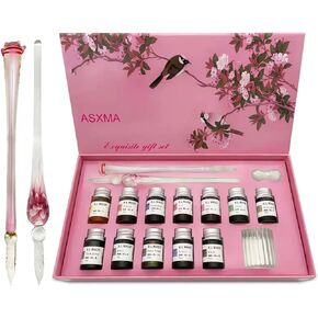 Calligraphy Dip Pen Set - 12 Colorful Inks, 2 glass pens Pen Holder, Glass, Crystal Pen for Art Writing, Drawing, Signatures, Decoration,Holiday Gift Set Calligraphy Beginners