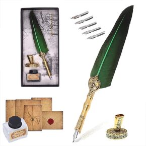 Feather Quill Pen and Ink Set,Exquisite Vintage Elegant calligraphy pens with 5 Nibs 1 Pen Base 1 Empty Ink Bottle for Signing Writing Supplies(without ink) (Black)