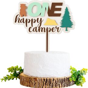 غلاف كعكة كامبر سعيد - ديكورات عيد الميلاد الأول للتخييم للصبي والبنات والأطفال، موضوع تخييم الغابة الخضراء الخشبية، لوازم الحفلات الأولى، مغامرة في الهواء الطلق، دعامات كشك الصور لتزيين الكب كيك in Kuwait