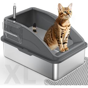 Stainless Steel Cat Litter Box, Extra Large Litter Boxes for Big Cats, Anti-Urine Leakage XL Litter Box with High Sides, Xlarge Metal Litter Box with Lid, Easy Clean, Non-Sticky, Cat Mat & Metal Scoop