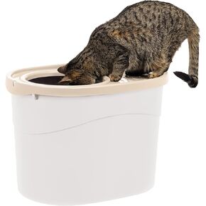 IRIS USA Cat Litter Box, Large Top Entry with Litter Catching Lid and Scoop, Dog Proof, Enclosed Cat Litter Box, Gray/White