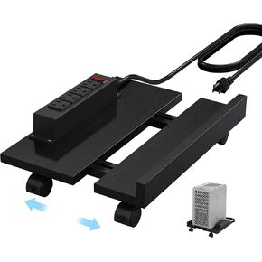 Adjustable PC Tower Stand with Power Strip, Wooden CPU Stand with Locking Casters, Rolling Computer Stand for Desktop, PC Stand with Adjustable Width, Durable Iron Frame for Home and Office.