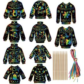 Qpout 30 Packs Christmas Ugly Sweaters Scratch Art,Magic Rainbow Scratch Off Cards,Christmas Ornament Scratch Paper Art Hanging Craft DIY Kit for Christmas Party Favor
