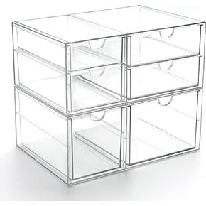Prsildan Acrylic Drawer Makeup Organizer with 6 Drawers, Set of 2 Office Desk Organizers Accessories, Clear Stackable Storage Drawers for Vanity, Countertop, Craft, Jewelry, Art Supply Organization