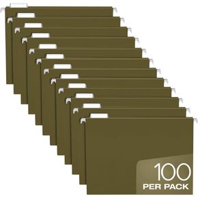 Pendaflex Hanging File Folders Letter Size - 100 Pack - 1/5 Cut Adjustable Tabs - Green Bulk Manilla File Folders with Tabs 8.5 X 11 Inches