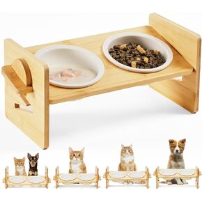 Cat Food Bowl Ceramic Elevated Cat Bowls 15° Raised Cat Bowl for Indoor Cats & Small Dogs Natural Bamboo Whisker Fatigue Cat Bowl, Anti Vomitting Cat Food and Water Bowl Set, Dishwasher Safe