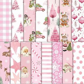 60 Sheets Pink Christmas-Theme Patterned Paper, Vintage Scrapbook Wrapping Paper, Christmas Tree Snowman Santa Claus Reindeer Candy Cane Double-Sided DIY Craft Paper Christmas Party Supply