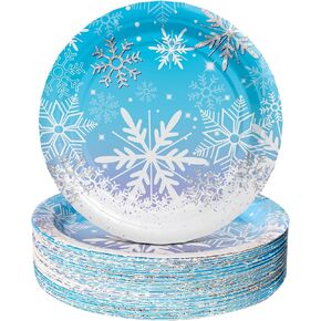AFZMON 50 Pack Frozen Party Plates Dessert Paper Dinnerware Plates, 7 Inch Winter Snowflake Theme Disposable Round Plate for Christmas Xmas Winter Wonderland Frozen-theme Party Supplies