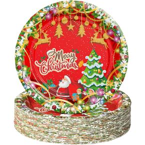 AFZMON 50 Pack Christmas Party Plates Dessert Paper Dinnerware Plates, 7 Inch Wreath Santa Christmas Tree Theme Disposable Round Plate for Xmas Holiday Party Supplies (Father Christmas)