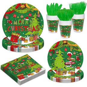 YQUQWN 168 PCS Christmas Paper Plates and Napkins Sets, Christmas Party Decorations, Christmas Plates and Napkins, Cups, Spoon, Knives, and Fork Set for Serves 24 Guest, Party Disposable Tableware