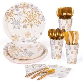 DECORLIFE Christmas Plates and Napkins Serves 16, Snowflake Winter Wonderland Party Supplies, Snowflake Plates, Cutlery for Birthday, Holiday, Winter Wonderland Party, Total 112PCS