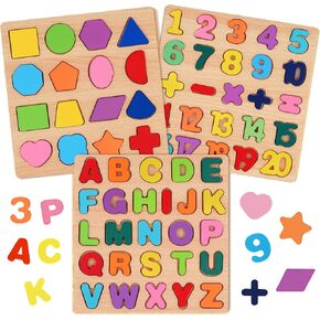 Attmu Wooden Puzzles for Toddlers, Alphabet Puzzle and Number Puzzle, 2 in 1 Preschool Educational Learning Toys with Chunky Wood ABC Puzzle Board, for Girls Boys Kindergarten Set of 2