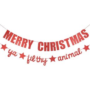 Red and Green Merry Christmas Ya Filthy Animal Banner Christmas Party Banner, Animal Christmas Banner Decorations Funny Christmas Banner Christmas Filthy Animal Banner for Home Alone Christmas Decorations