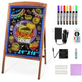 Hosim LED Message Writing Board 32"x24", Standing A-Frame Wooden Message Board Illuminated Erasable Neon Effect Restaurant Menu Sign, 8 colors Markers, Flashing DIY Message Chalkboard for Shop/Cafe