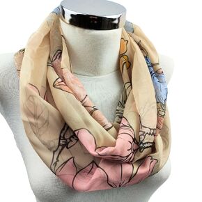 Women's Floral Print Chiffon Infinity Scarf – Lightweight, Sheer Circle Loop, Pink and Gold, Loop Scarf