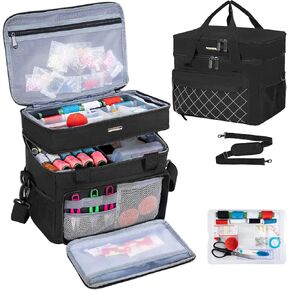 Large Sewing Supplies Organizer with Removable Tray,Double-Layer Sewing Basket Accessories Organizer,Waterproof Sewing Box Organizer for Sewing Tools with Handle & Adjustable Shoulder Strap(Bag Only)
