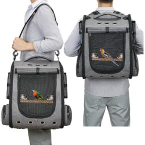 Bird Carrier Backpack Travel Parrot Bag Cage with Perch Stand for Parakeets Cockatiels Birdcage Vet Car Airlines Airplane Plane Approved Mesh Breathable Lightweight Conure Finches Outside (Grey)