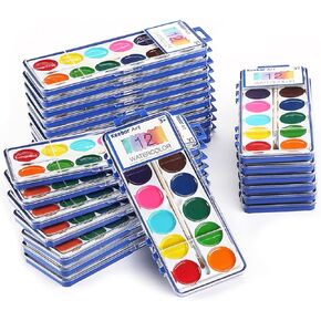 Watercolor Paint Set for Kids, 12 Colors, 24 Pack Washable Water Colors for Party Favors, Gifts, Classroom Supplies (Wood Brushes Included)
